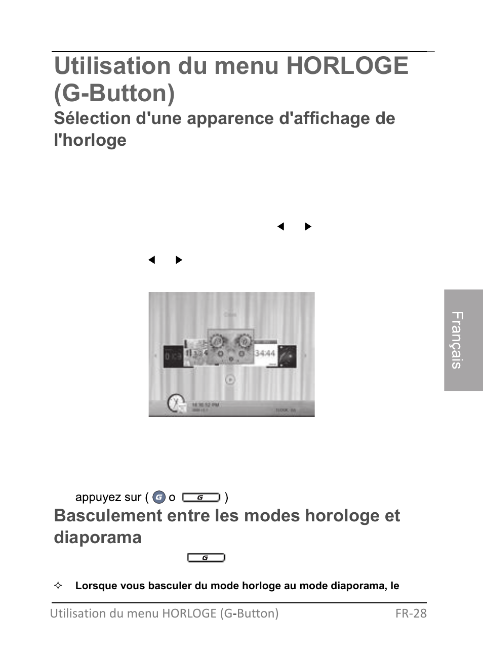 Utilisation du menu horloge (g-button), Sélection d'une apparence d'affichage de l'horloge, Basculement entre les modes horologe et diaporama | GiiNii GH-701P User Manual | Page 113 / 124