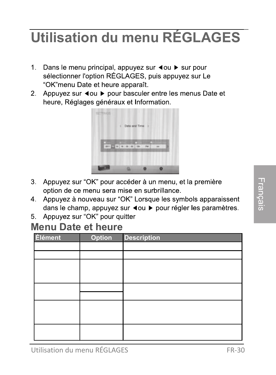 Utilisation du menu réglages, Menu date et heure | GiiNii GH-701P User Manual | Page 115 / 124