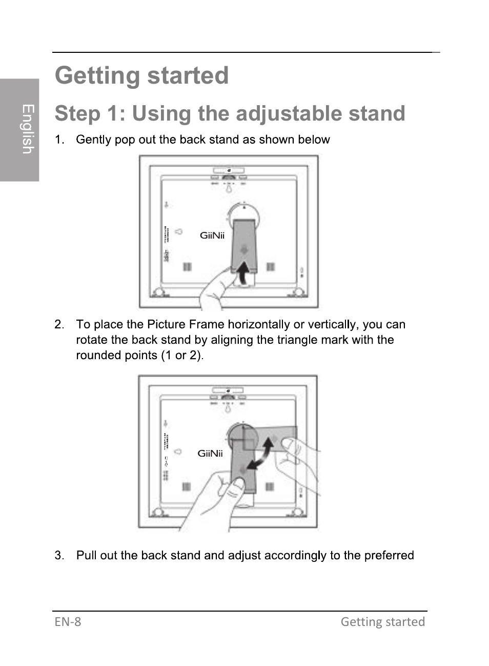 Getting started, Step 1: using the adjustable stand | GiiNii GH-701P User Manual | Page 14 / 124