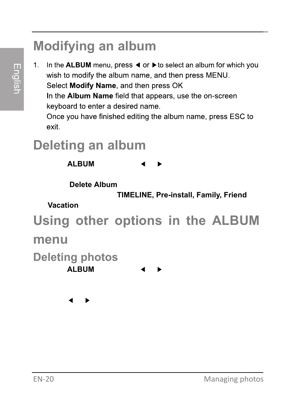 Modifying an album, Deleting an album, Using other options in the album menu | Deleting photos | GiiNii GH-701P User Manual | Page 26 / 124