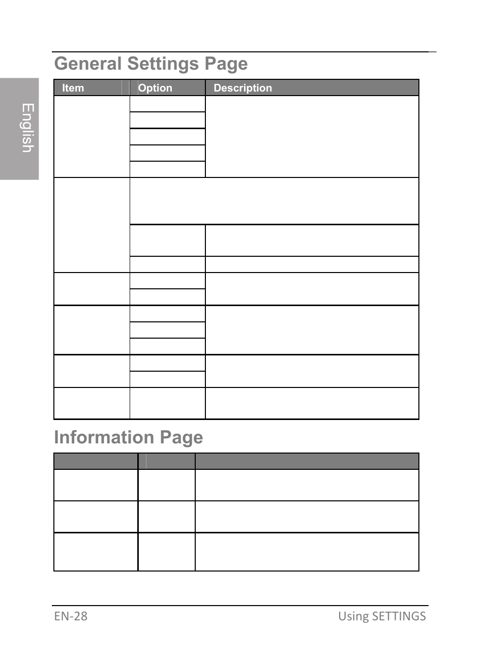 General settings page, Information page, En‐28 using settings | GiiNii GH-701P User Manual | Page 34 / 124