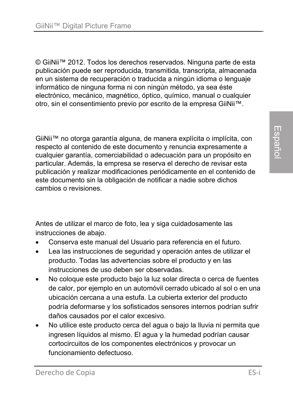 Es-2, Derecho de copia, Limitación de responsabilidad | Instrucciones de seguridad | GiiNii GH-701P User Manual | Page 41 / 124