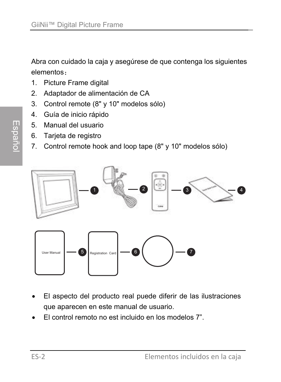 Elementos incluidos en la caja, Es‐2 elementos incluidos en la caja | GiiNii GH-701P User Manual | Page 46 / 124