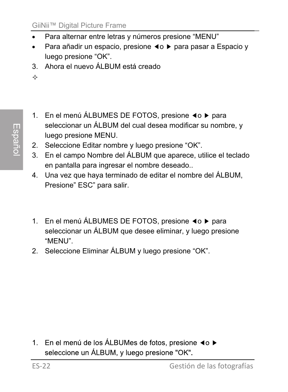 Modificación de un album, Eliminación de un álbum, Suppression de photos | GiiNii GH-701P User Manual | Page 66 / 124