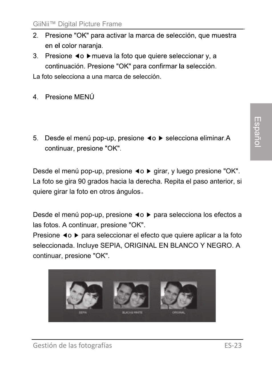 Se gira las fotos, Se aplica los efectos a las fotos | GiiNii GH-701P User Manual | Page 67 / 124