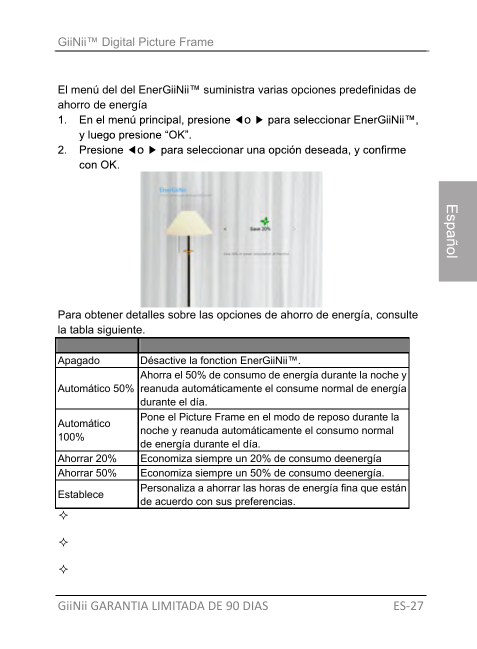 Utilización del energiinii, Giinii garantia limitada de 90 dias es‐27 | GiiNii GH-701P User Manual | Page 71 / 124