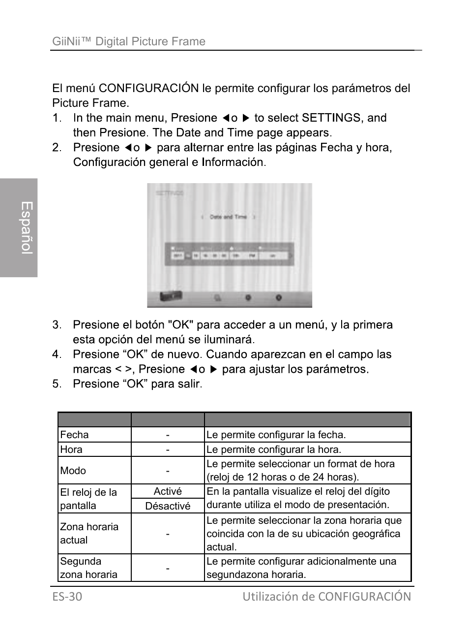 Utilización de configuración, Página de fecha y hora | GiiNii GH-701P User Manual | Page 74 / 124