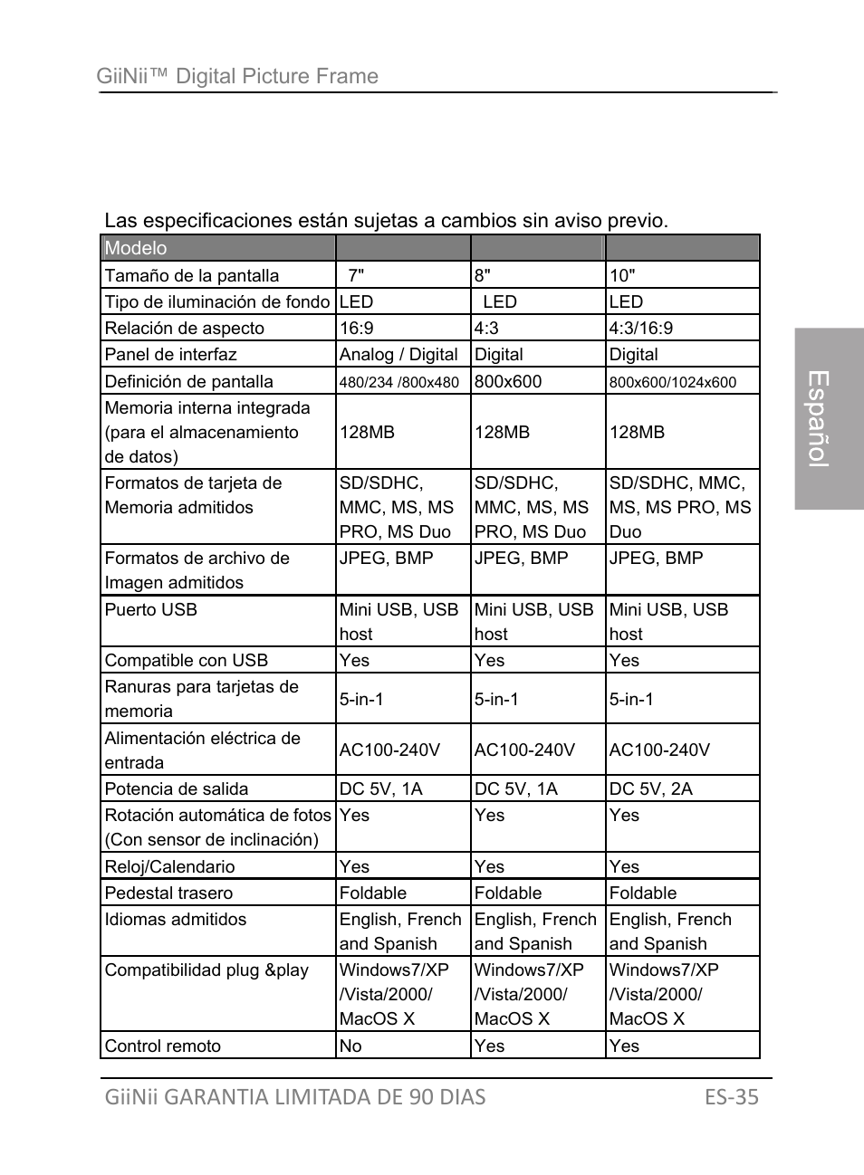 Apéndice, Especificaciones, Giinii garantia limitada de 90 dias es‐35 | GiiNii GH-701P User Manual | Page 79 / 124