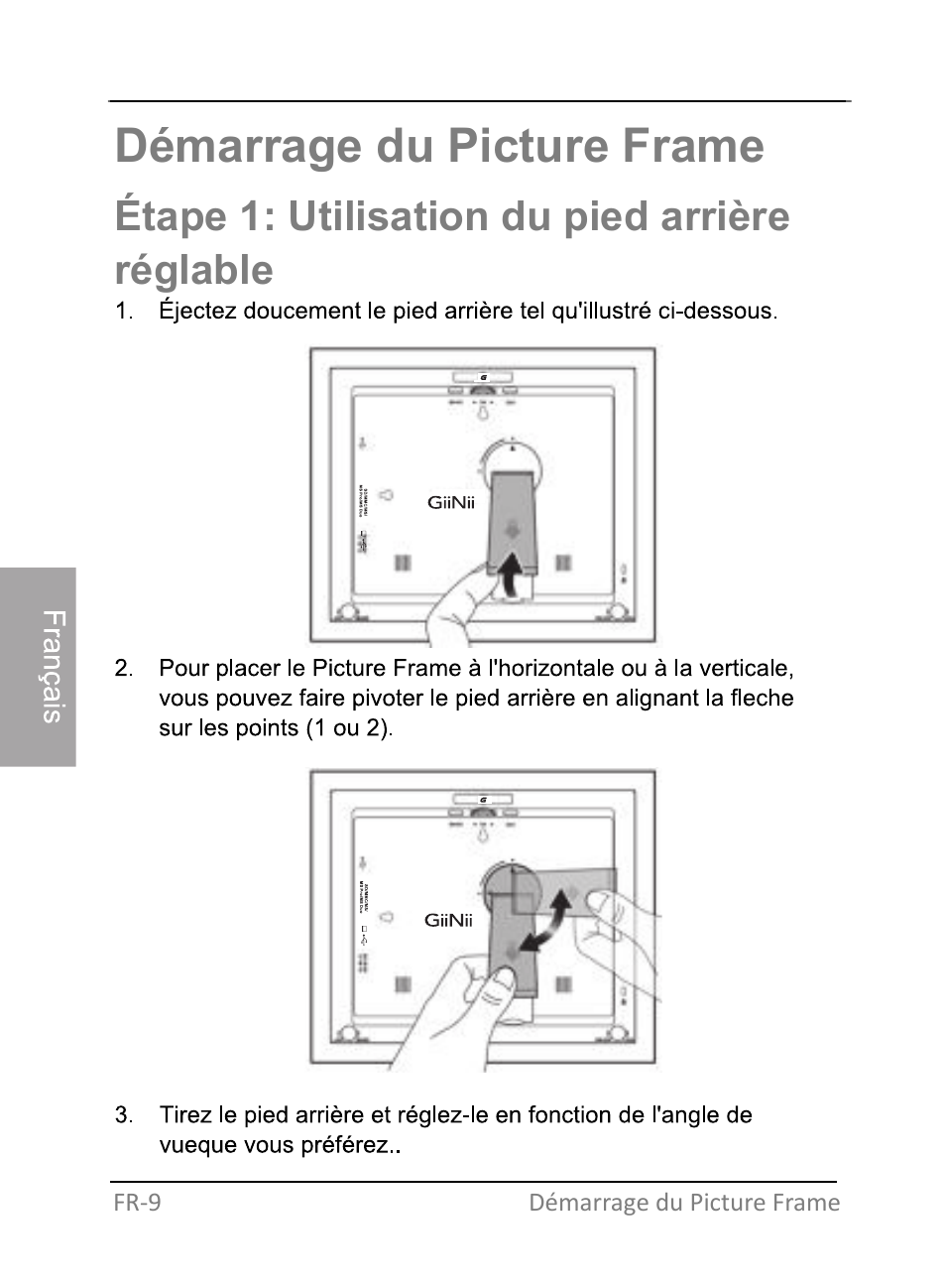 Démarrage du picture frame, Étape 1: utilisation du pied arrière réglable | GiiNii GH-701P User Manual | Page 94 / 124