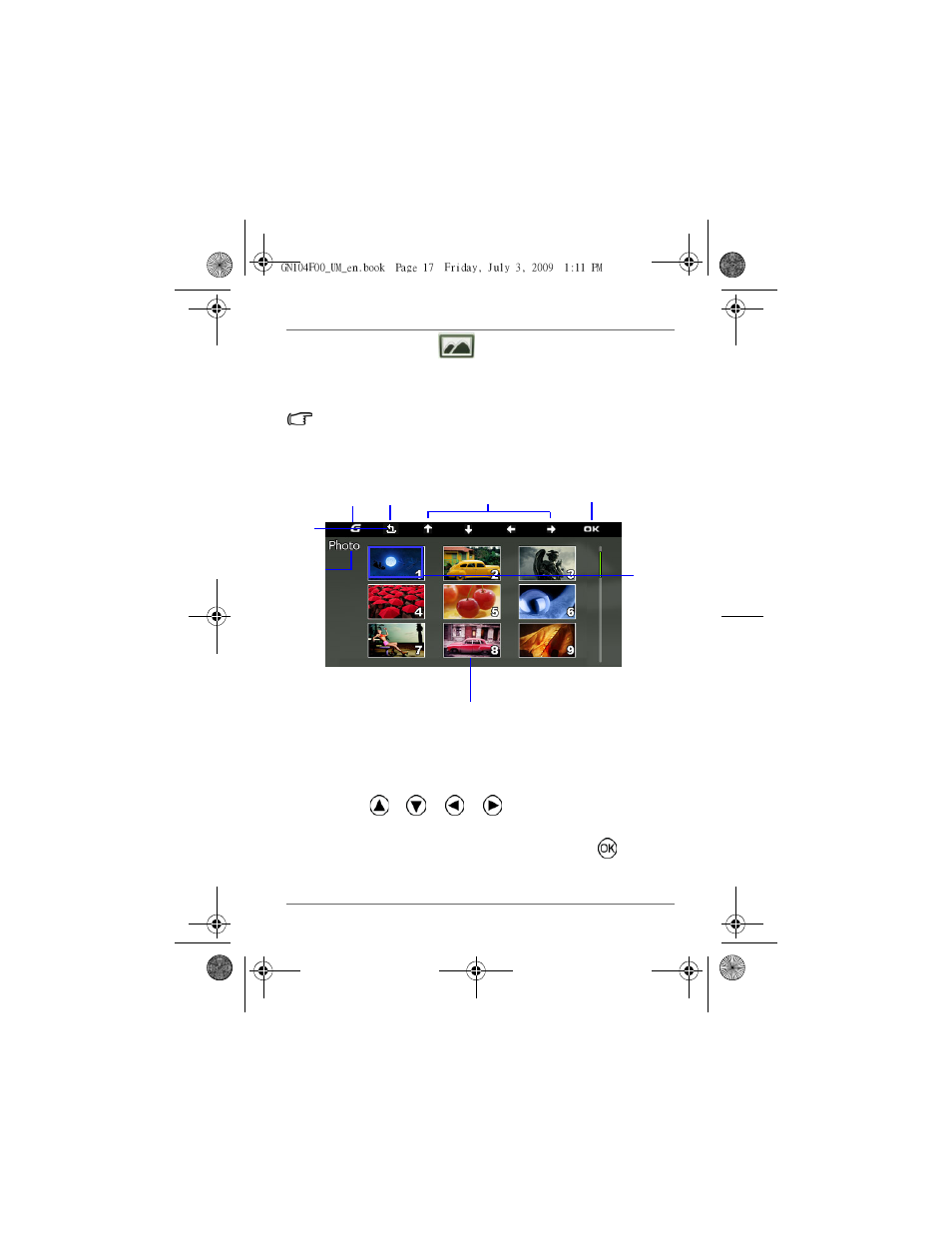 Photo mode, Selecting an image, Displaying the clock | GiiNii GN-705W User Manual | Page 21 / 31
