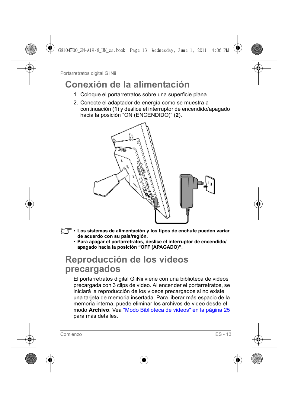 Conexión de la alimentación, Reproducción de los videos precargados | GiiNii GN-A19-N User Manual | Page 109 / 139