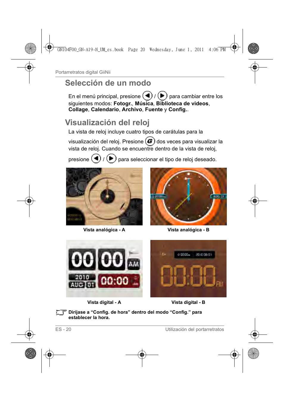 Selección de un modo, Visualización del reloj | GiiNii GN-A19-N User Manual | Page 116 / 139
