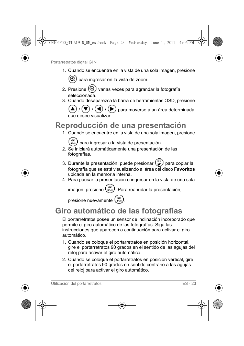 Reproducción de una presentación, Giro automático de las fotografías | GiiNii GN-A19-N User Manual | Page 119 / 139