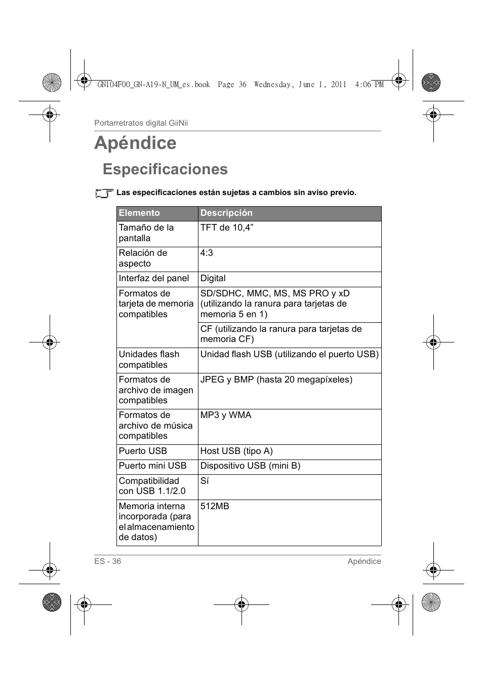 Apéndice, Especificaciones | GiiNii GN-A19-N User Manual | Page 132 / 139