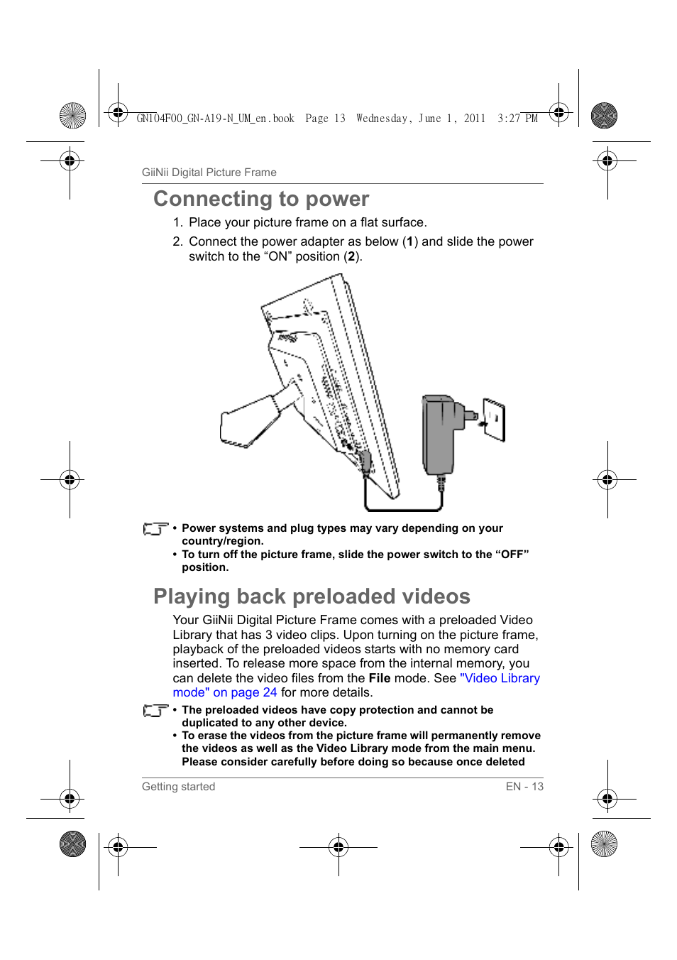 Connecting to power, Playing back preloaded videos | GiiNii GN-A19-N User Manual | Page 19 / 139