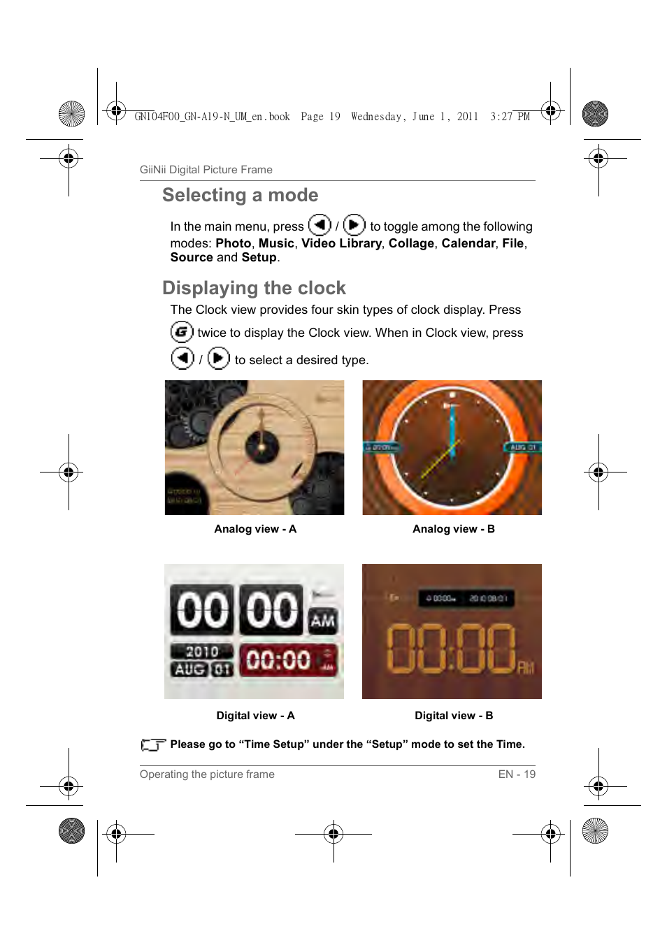 Selecting a mode, Displaying the clock | GiiNii GN-A19-N User Manual | Page 25 / 139