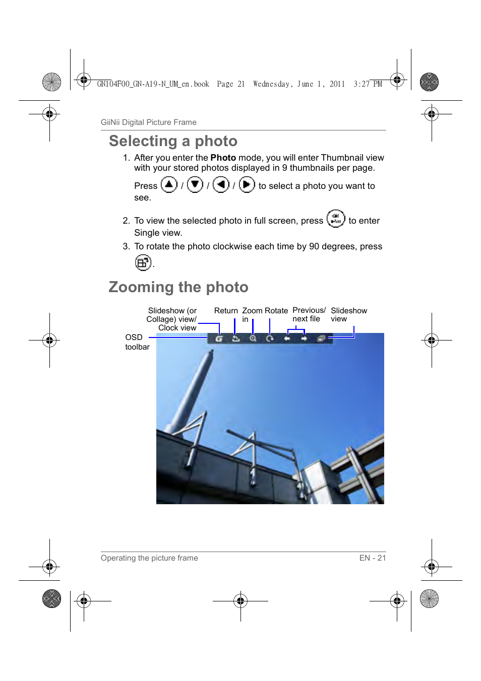 Selecting a photo, Zooming the photo | GiiNii GN-A19-N User Manual | Page 27 / 139