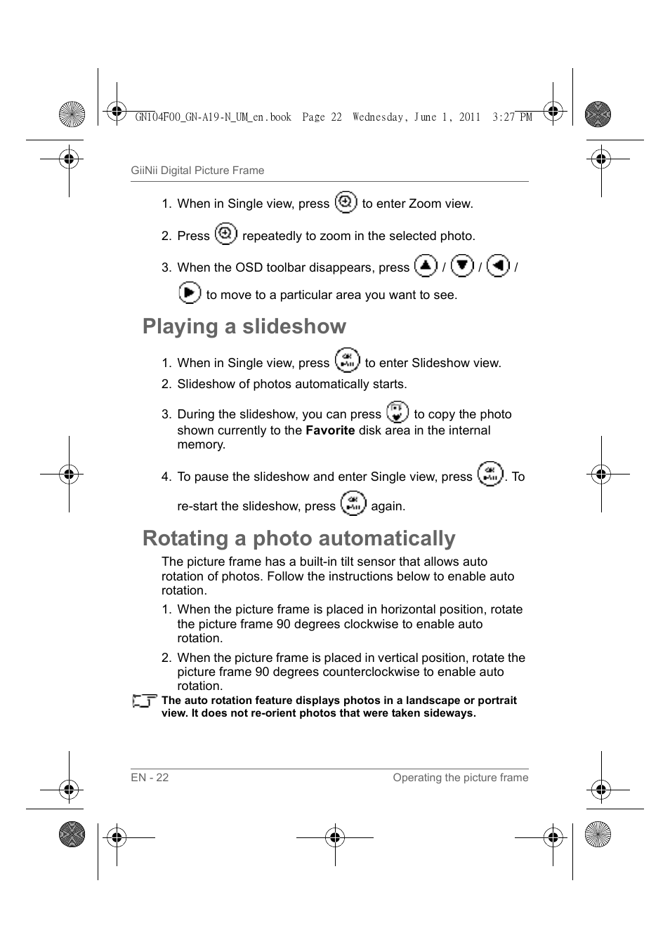 Playing a slideshow, Rotating a photo automatically | GiiNii GN-A19-N User Manual | Page 28 / 139