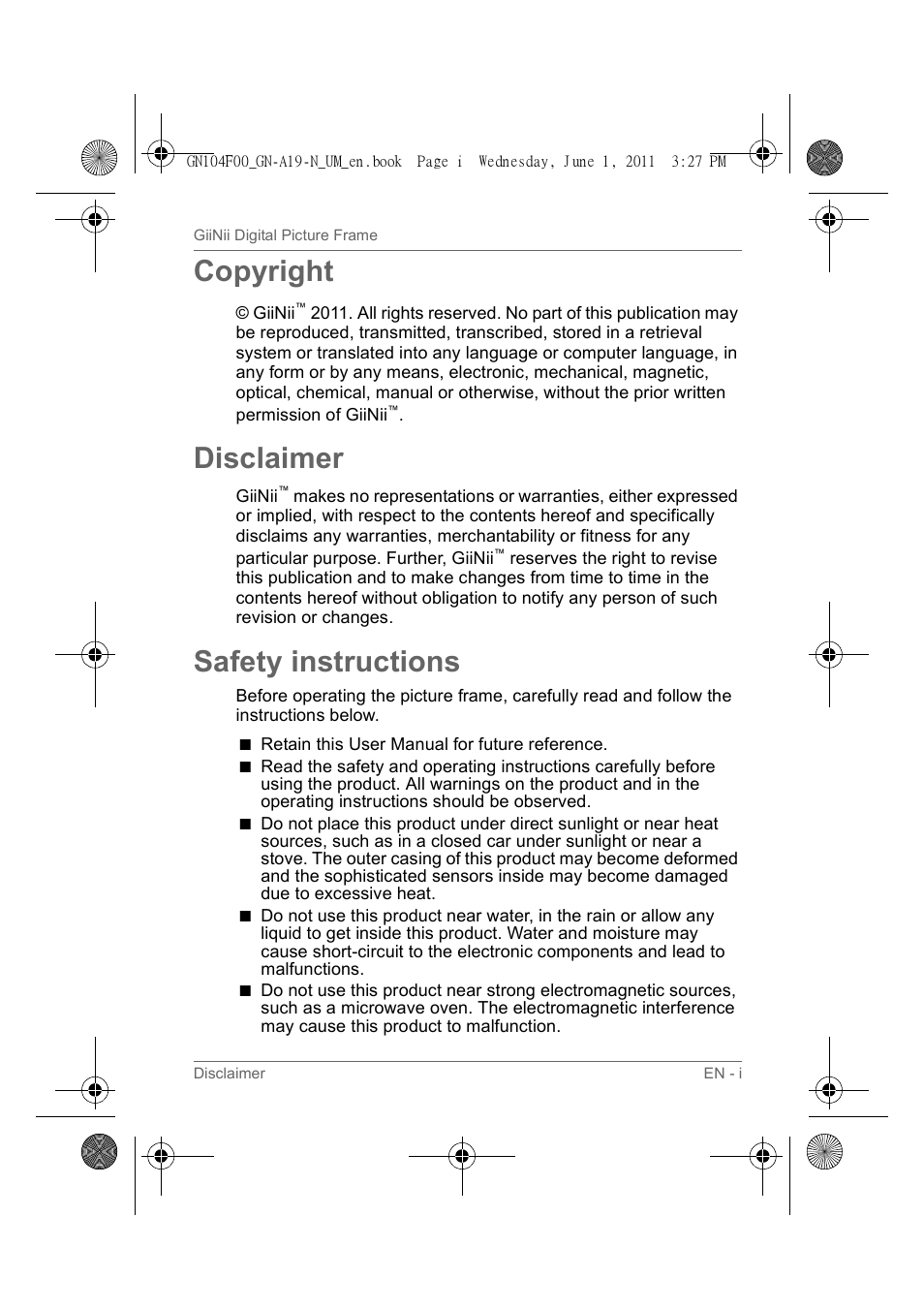 Copyright, Disclaimer, Safety instructions | GiiNii GN-A19-N User Manual | Page 3 / 139