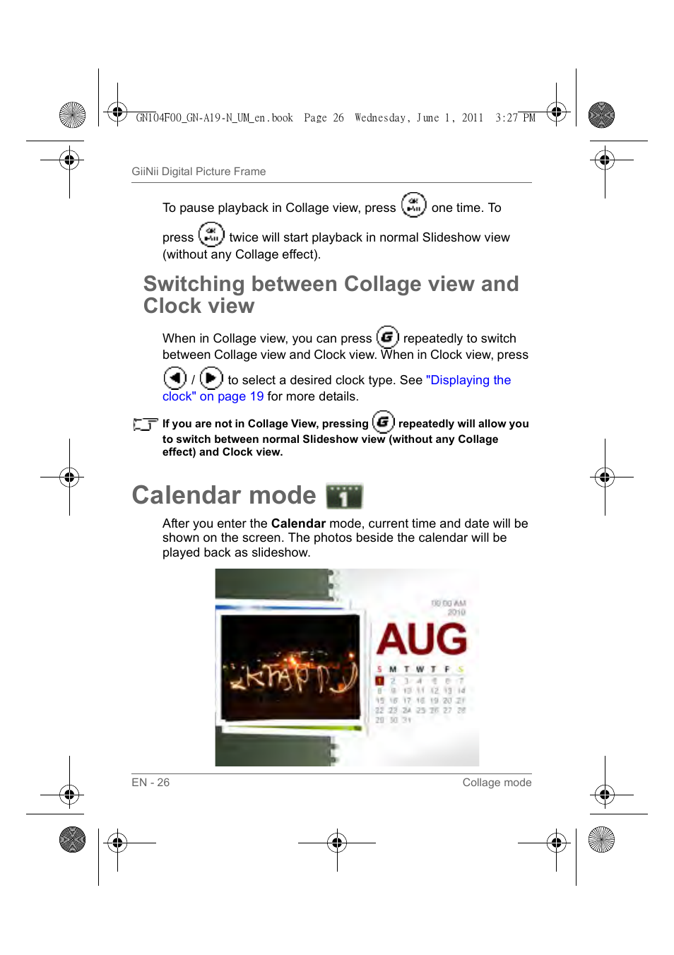 Calendar mode, Switching between collage view and clock view | GiiNii GN-A19-N User Manual | Page 32 / 139