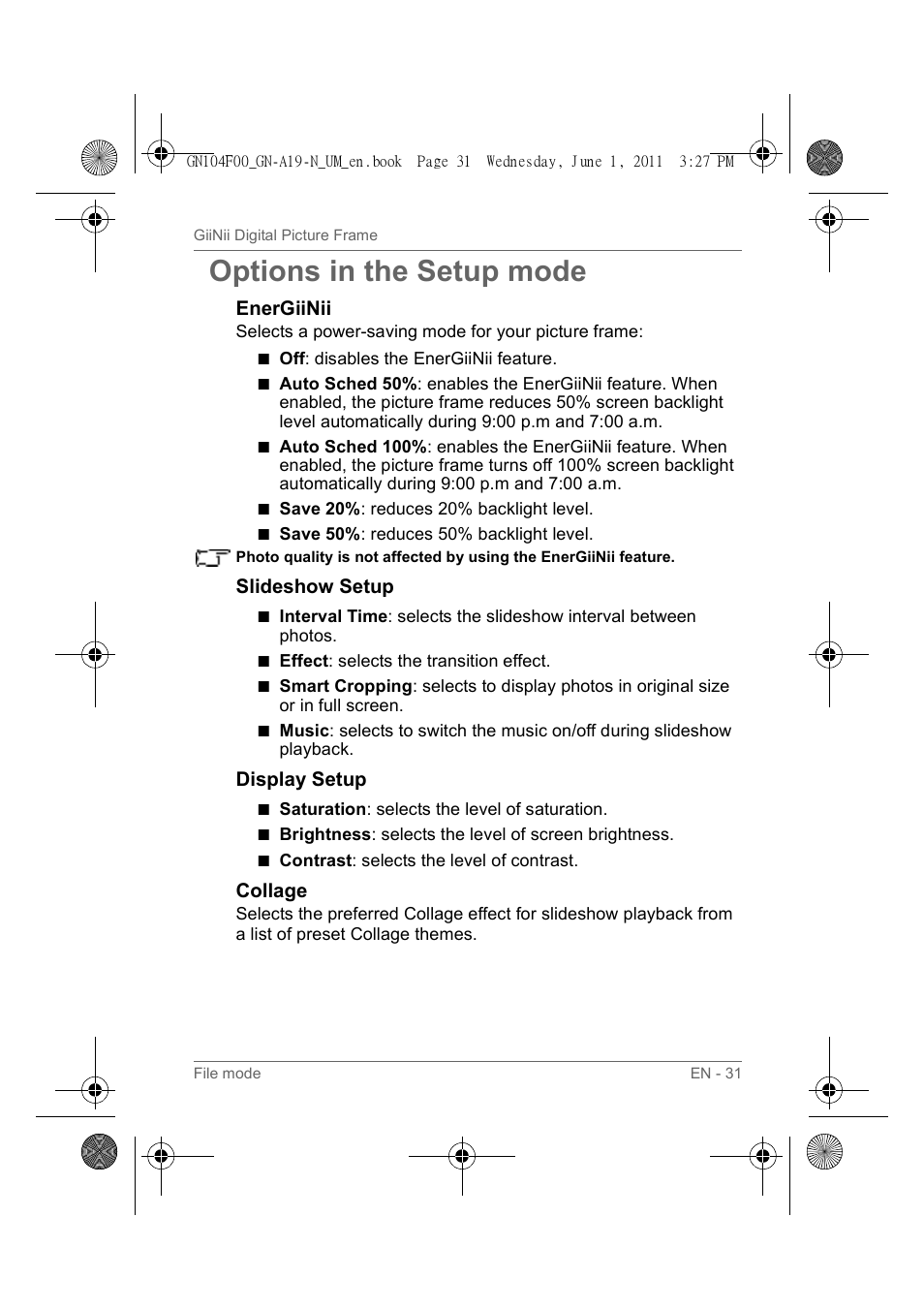 Options in the setup mode | GiiNii GN-A19-N User Manual | Page 37 / 139