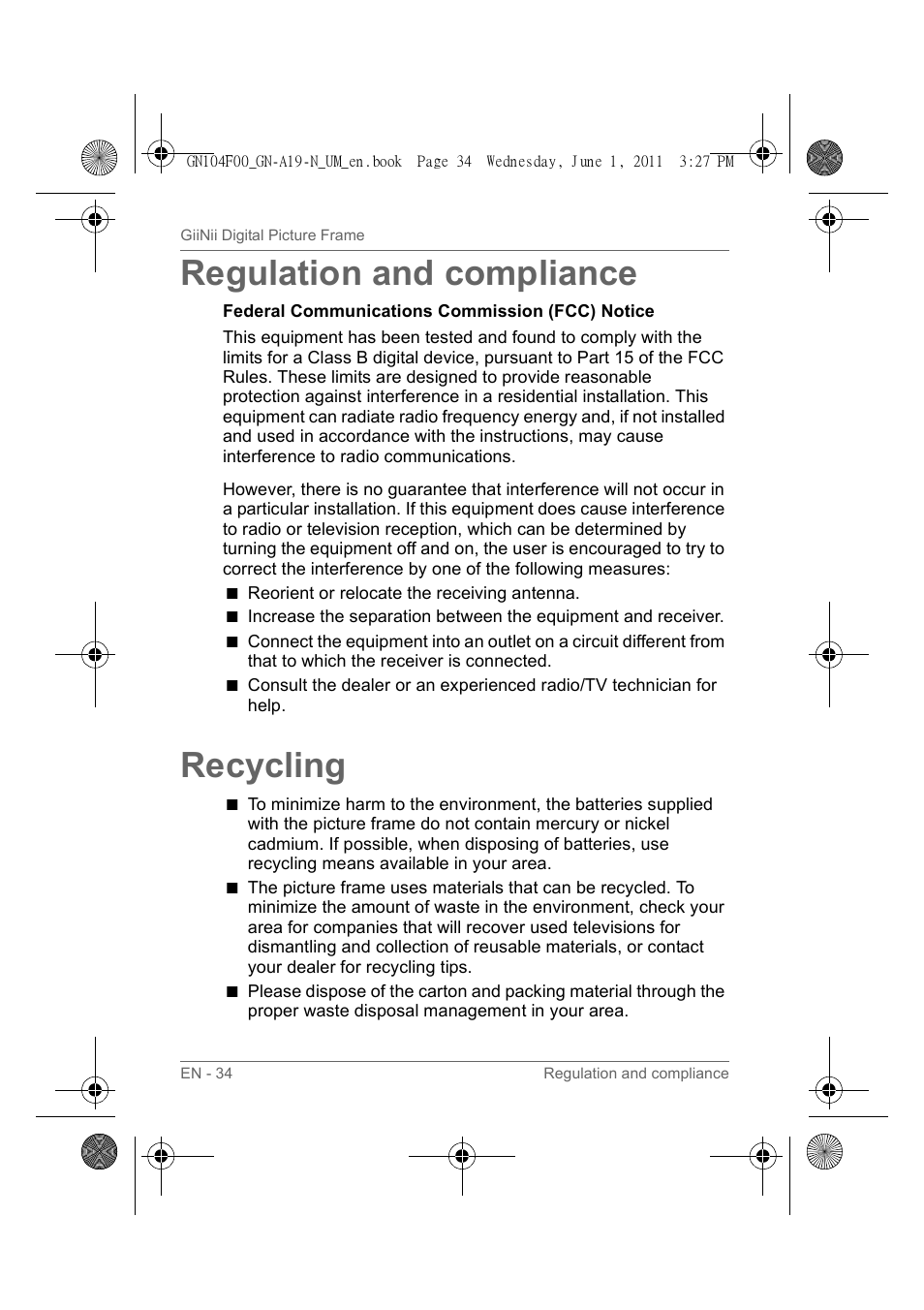 Regulation and compliance, Recycling | GiiNii GN-A19-N User Manual | Page 40 / 139