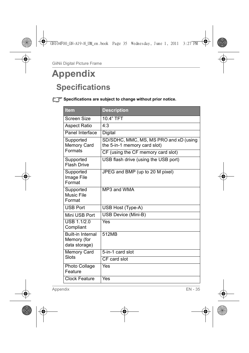 Appendix, Specifications | GiiNii GN-A19-N User Manual | Page 41 / 139