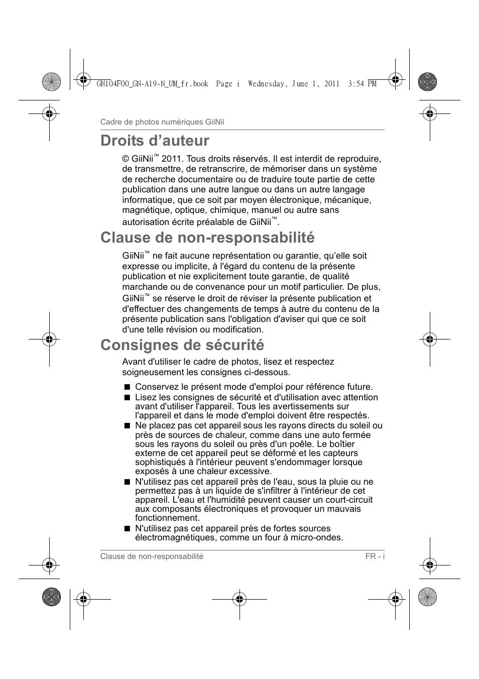 Droits d’auteur, Clause de non-responsabilité, Consignes de sécurité | GiiNii GN-A19-N User Manual | Page 47 / 139