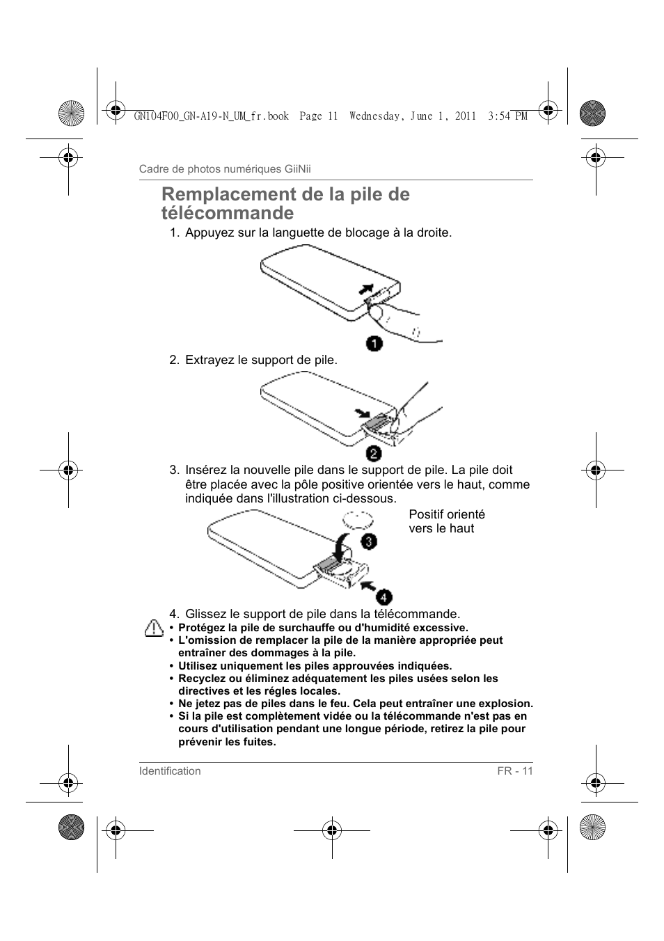 Remplacement de la pile de télécommande | GiiNii GN-A19-N User Manual | Page 61 / 139