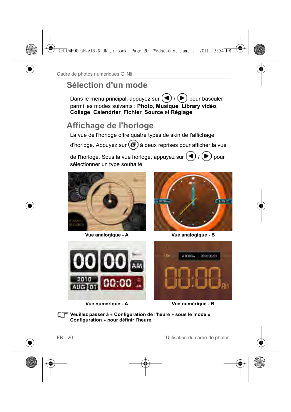 Sélection d'un mode, Affichage de l'horloge | GiiNii GN-A19-N User Manual | Page 70 / 139