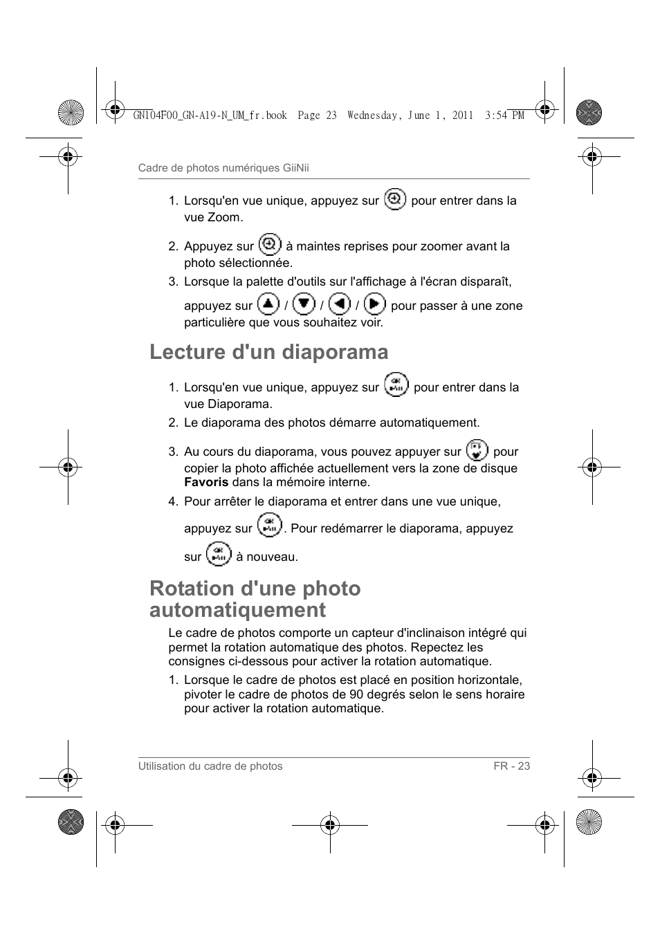 Lecture d'un diaporama, Rotation d'une photo automatiquement | GiiNii GN-A19-N User Manual | Page 73 / 139