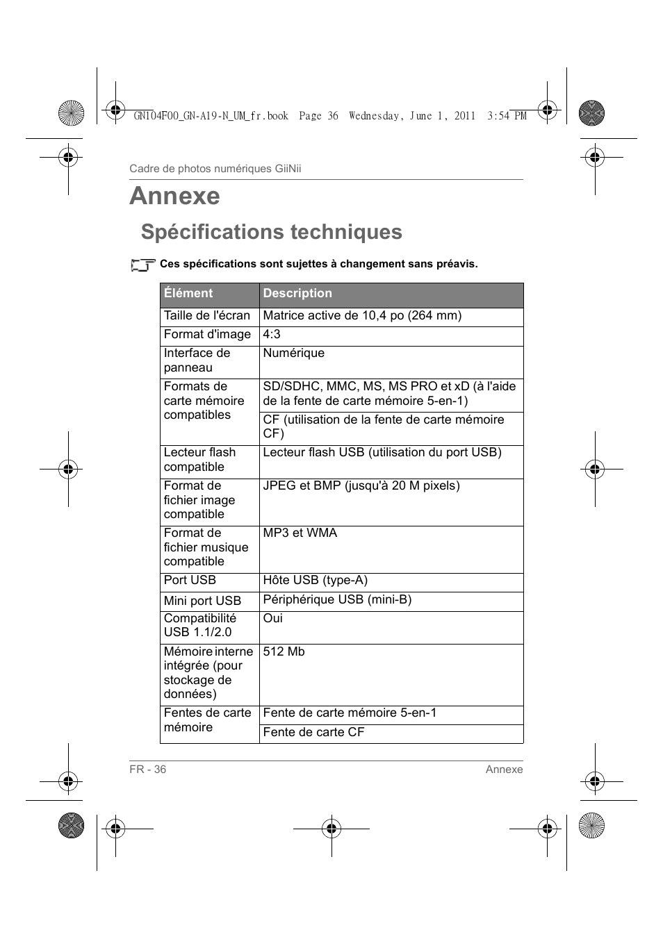 Annexe, Spécifications techniques | GiiNii GN-A19-N User Manual | Page 86 / 139