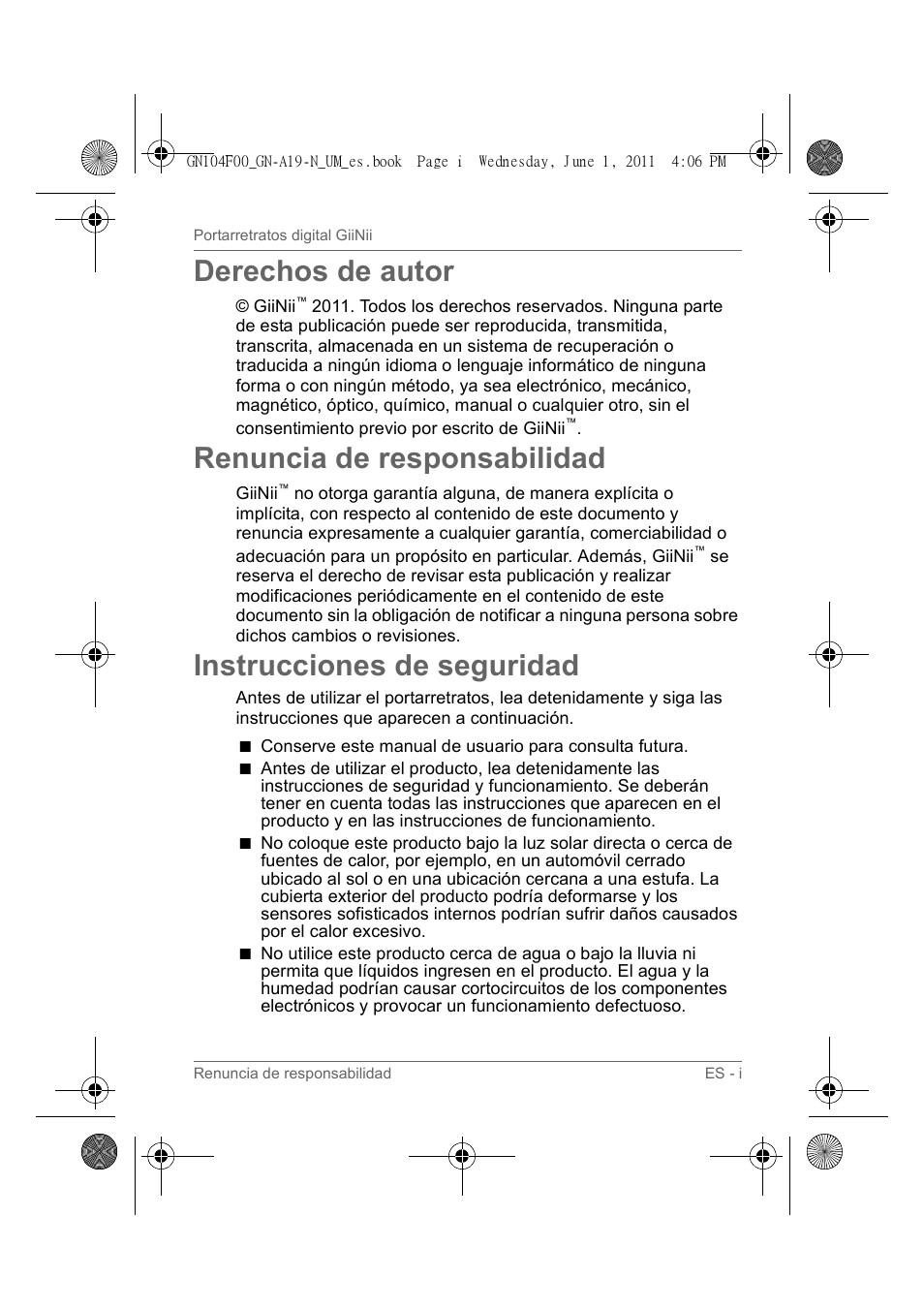 Derechos de autor, Renuncia de responsabilidad, Instrucciones de seguridad | GiiNii GN-A19-N User Manual | Page 93 / 139