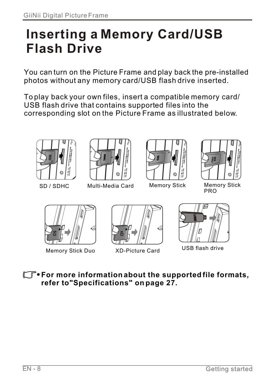 Т³гж 14, Giinii digital picture frame en - 8, Getting started | GiiNii GN-7AWP-1 User Manual | Page 14 / 33
