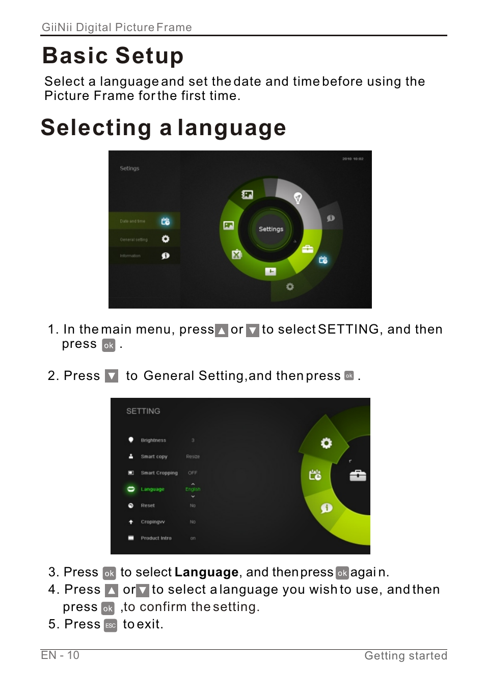 Т³гж 16, Basic setup, Selecting a language | GiiNii GN-7AWP-1 User Manual | Page 16 / 33