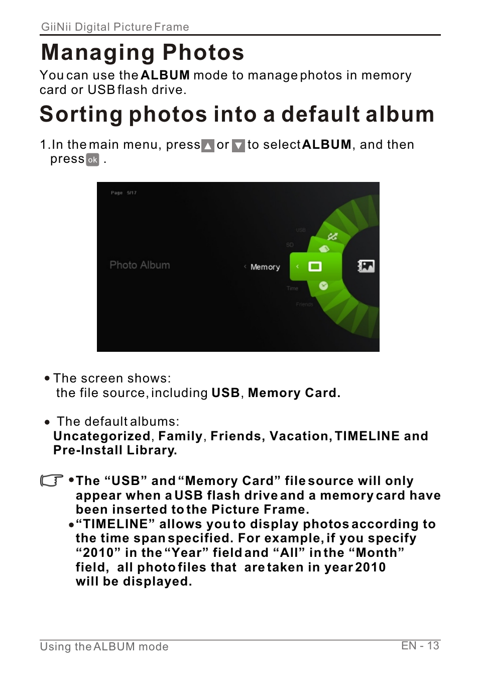 Т³гж 19, Managing photos, Sorting photos into a default album | GiiNii GN-7AWP-1 User Manual | Page 19 / 33
