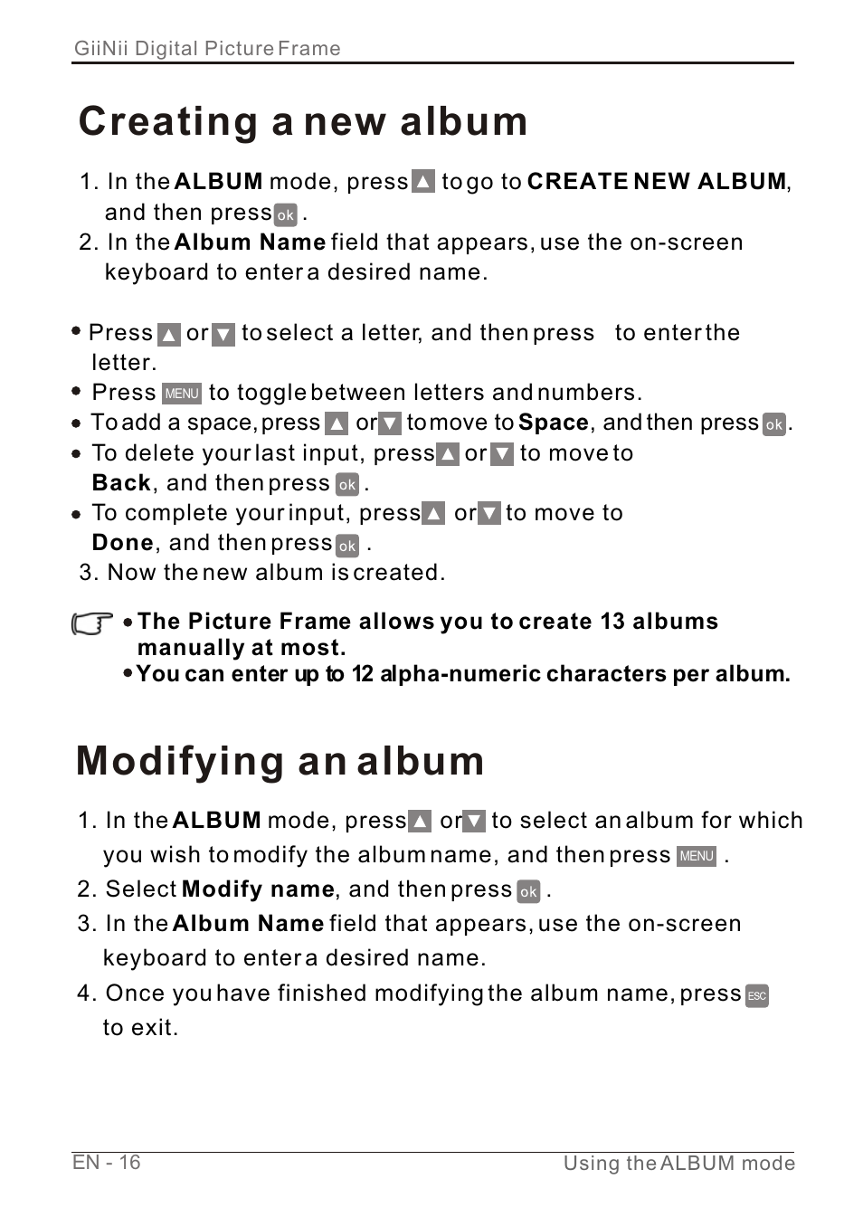 Т³гж 22, Creating a new album, Modifying an album | GiiNii GN-7AWP-1 User Manual | Page 22 / 33