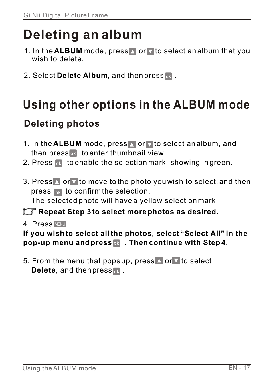 Т³гж 23, Deleting an album, Using other options in the album mode | Deleting photos | GiiNii GN-7AWP-1 User Manual | Page 23 / 33