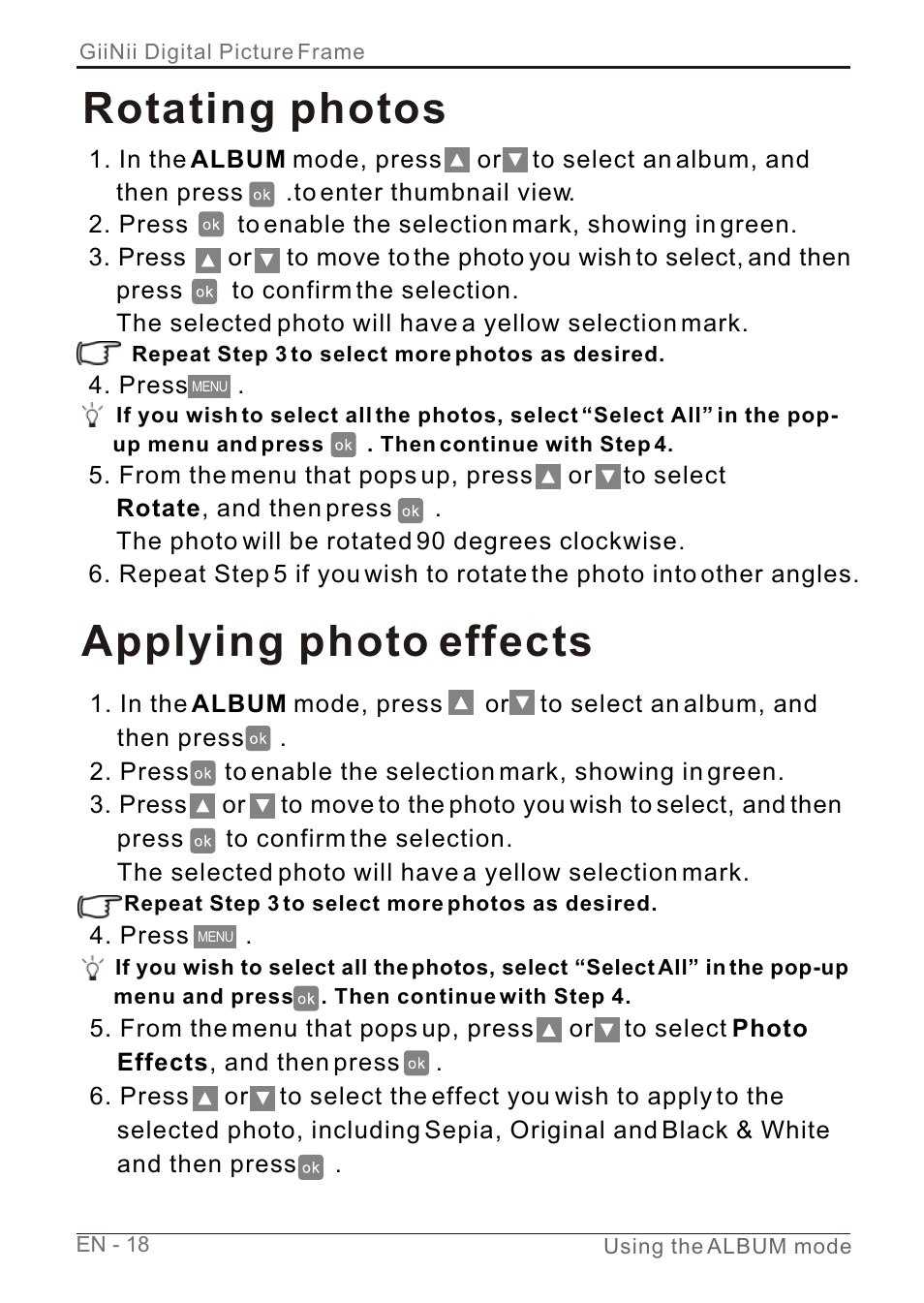 Т³гж 24, Rotating photos, Applying photo effects | GiiNii GN-7AWP-1 User Manual | Page 24 / 33