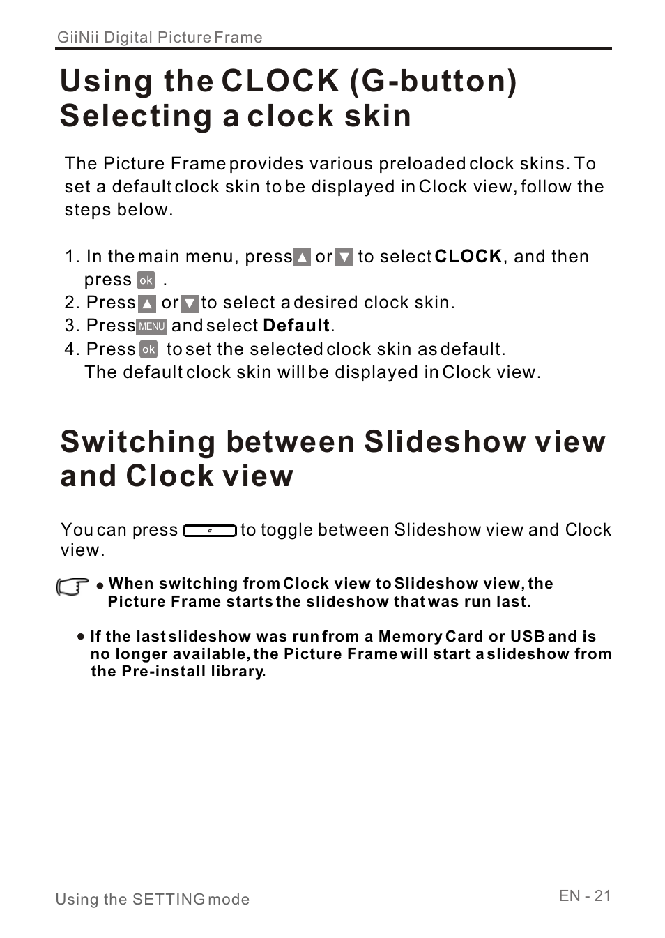 Т³гж 27, Using the clock (g-button) selecting a clock skin, Switching between slideshow view and clock view | GiiNii GN-7AWP-1 User Manual | Page 27 / 33