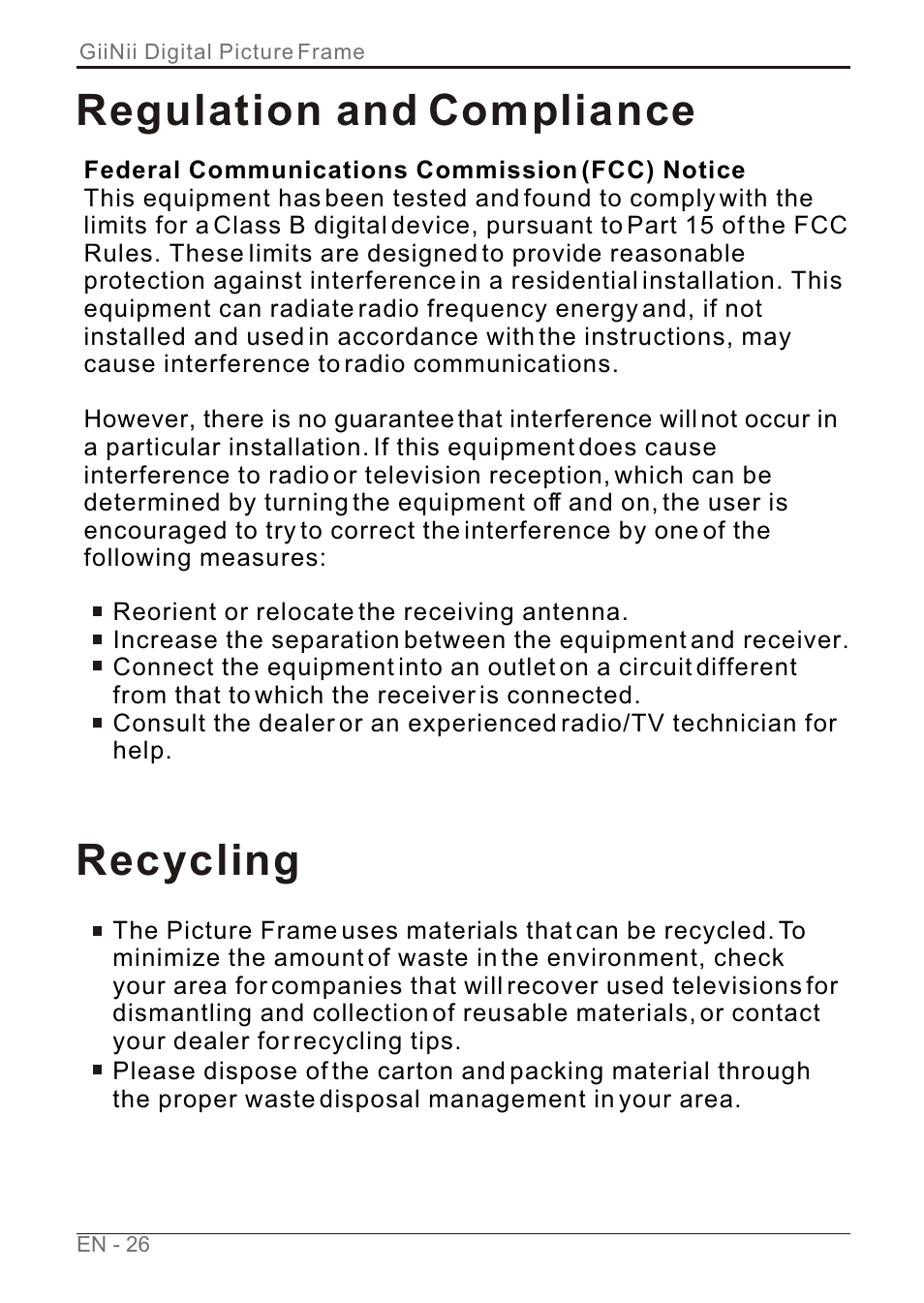 Т³гж 32, Regulation and compliance, Recycling | GiiNii GN-7AWP-1 User Manual | Page 32 / 33