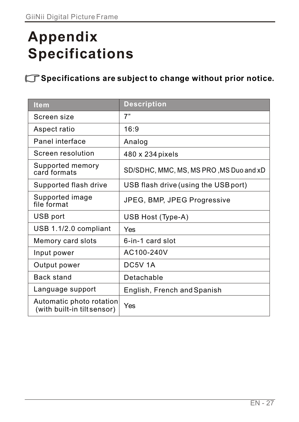 Т³гж 33, Appendix specifications | GiiNii GN-7AWP-1 User Manual | Page 33 / 33