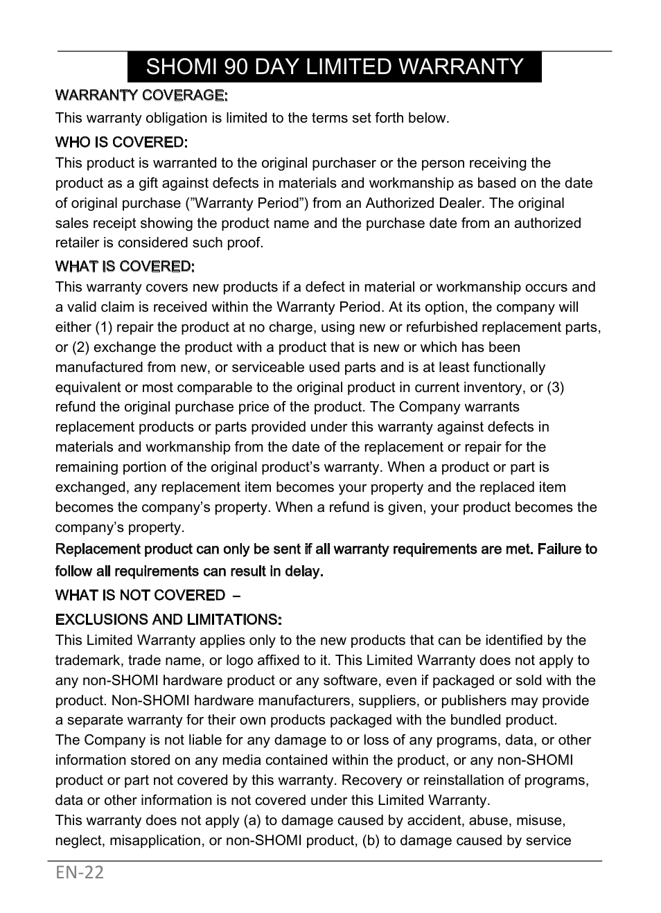 Shomi 90 day limited warranty | GiiNii SP-801P User Manual | Page 28 / 58