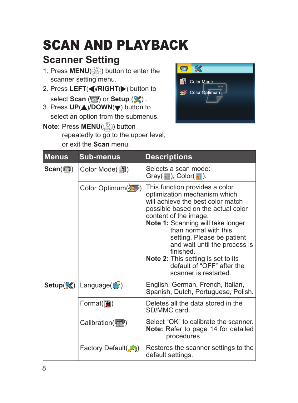 Scan and playback, Scanner setting | GiiNii GN-5LS User Manual | Page 8 / 20