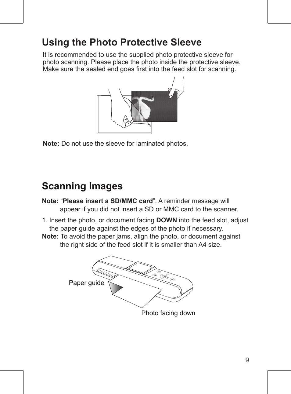 Scanning images, Using the photo protective sleeve | GiiNii GN-5LS User Manual | Page 9 / 20