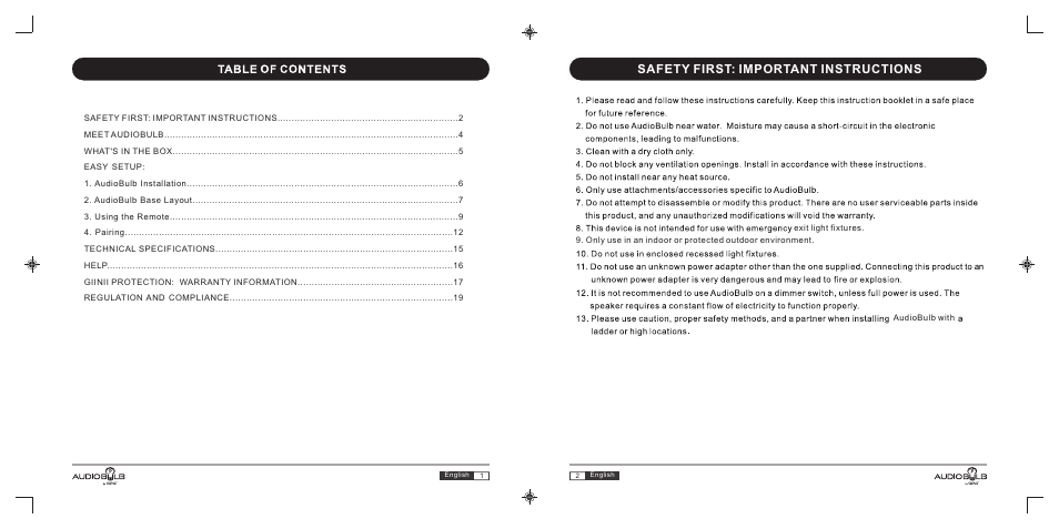 Safety first: important instructions | GiiNii AudioBulb AB-S10 User Manual | Page 2 / 27