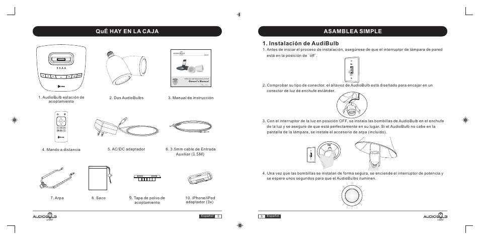西班牙文, Qué hay en la caja, Instalación de audibulb | Asamblea simple | GiiNii AudioBulb AB-S10 User Manual | Page 22 / 27