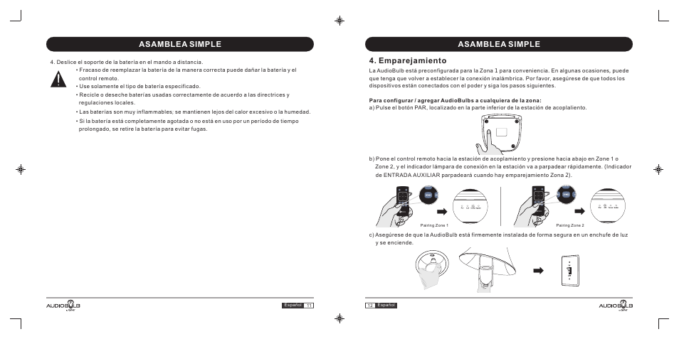 西班牙文, Asamblea simple, Asamblea simple 4. emparejamiento | GiiNii AudioBulb AB-S10 User Manual | Page 25 / 27