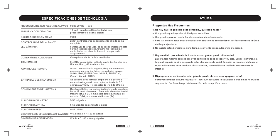 西班牙文, Especificaciones de tecnología ayuda | GiiNii AudioBulb AB-S10 User Manual | Page 27 / 27