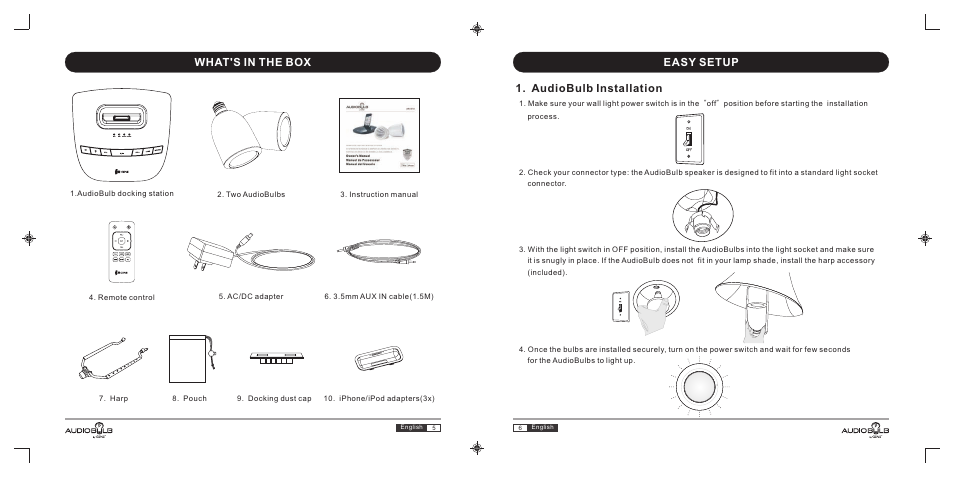 Audiobulb installation, What's in the box easy setup | GiiNii AudioBulb AB-S10 User Manual | Page 4 / 27